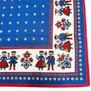 Vintage Austrian Folk Art Tablecloth 32x33 Blue Floral German Pennsylvania Dutch